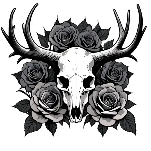 elk skull roses  gothic tattoo design idea