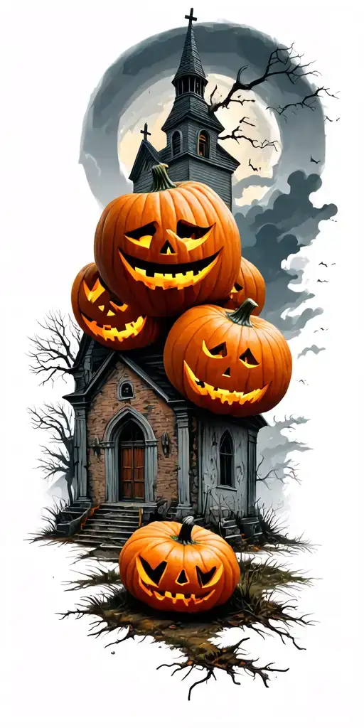 halloween scene with pumpkins, graveyard, abandoned church tattoo design idea