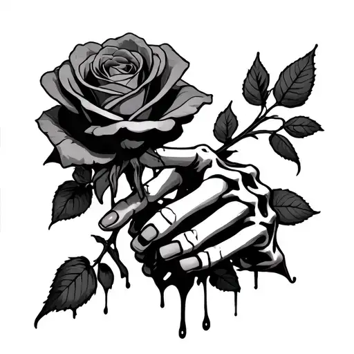 skeleton hand holding a rose while bleeding tattoo design idea