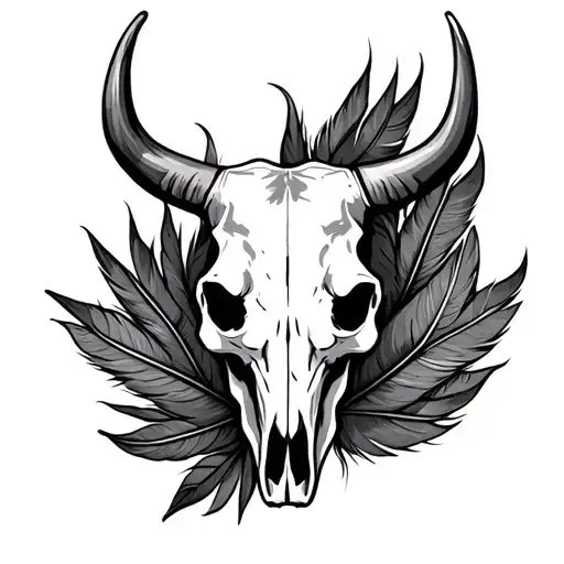 Steer Skull with feathers tattoo design idea