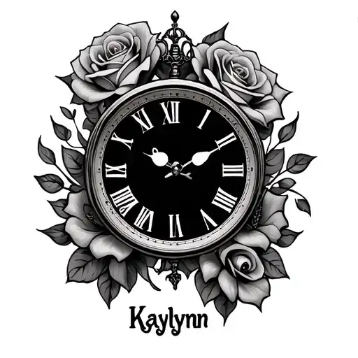"Kaylynn " clock and roses tattoo design idea