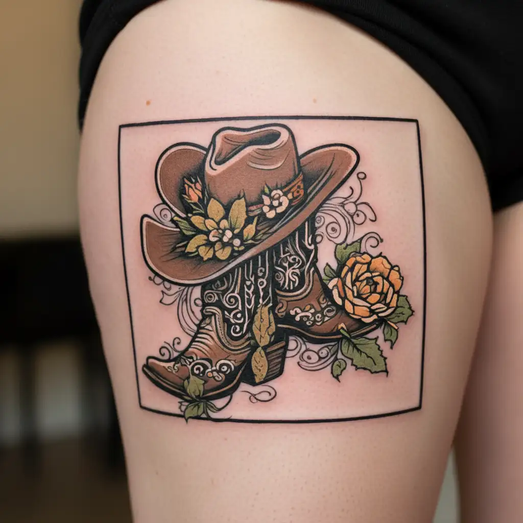Texas state, cowboy boots, cowboy hat, cactus, flowers tattoo design idea