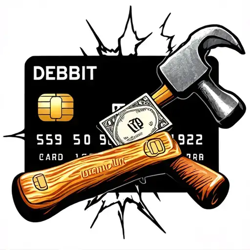 hammer hitting debit card and cracking it tattoo design idea