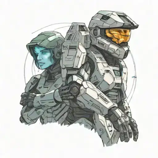 master chief with cortana on hand in space with the halo ring behind them tattoo design idea