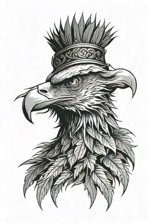 Eagle head, profile. Cannabis-leaf shaped feathers encircle head, radiating outwards. Detailed. tattoo design idea