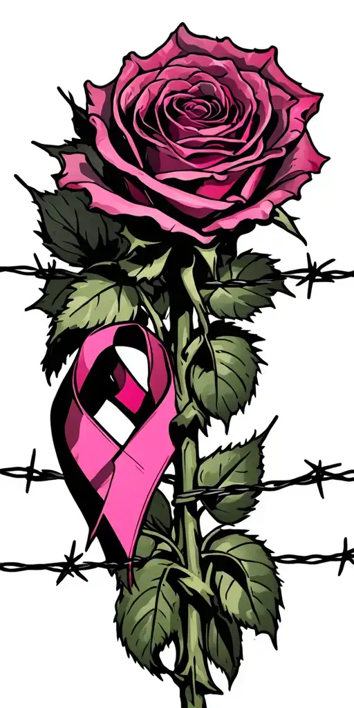 dead roses, barbed wire wrapped, and breast cancer awarness tattoo design idea