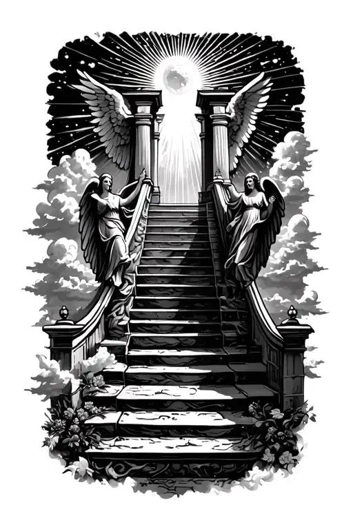 stairway to heaven walking up stairs angels sun rays clouds heaven gate at the top of the stairs  tattoo design idea