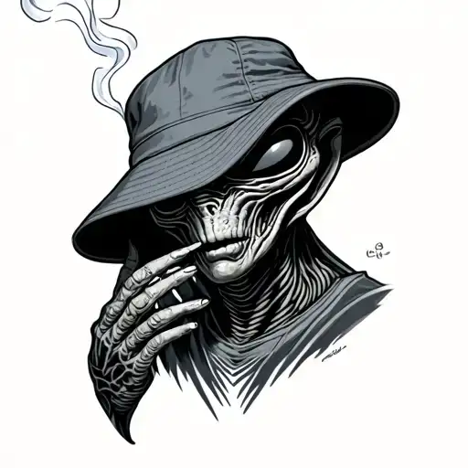 alien with bucket hat & smoking tattoo design idea