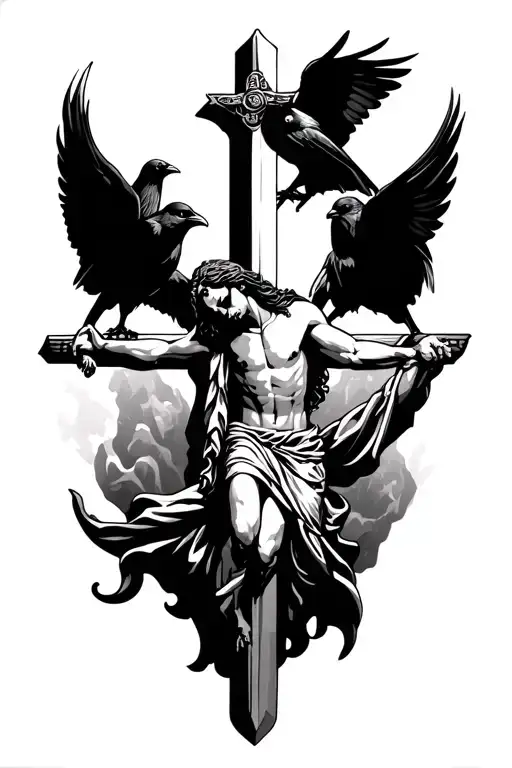 jesus on sword cross with black wings and flying crows  tattoo design idea