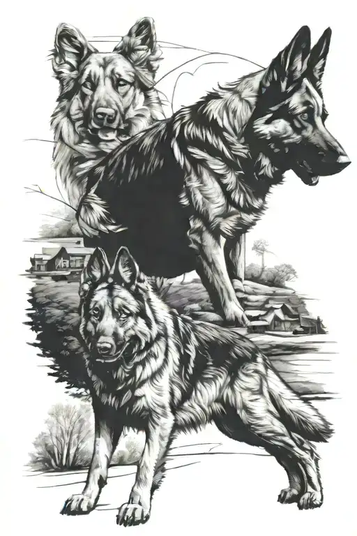 German shepherd and human walking together  tattoo design idea
