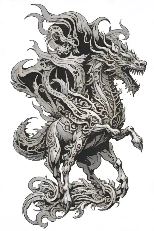 wood horse and gold dragon wrapped tattoo design idea