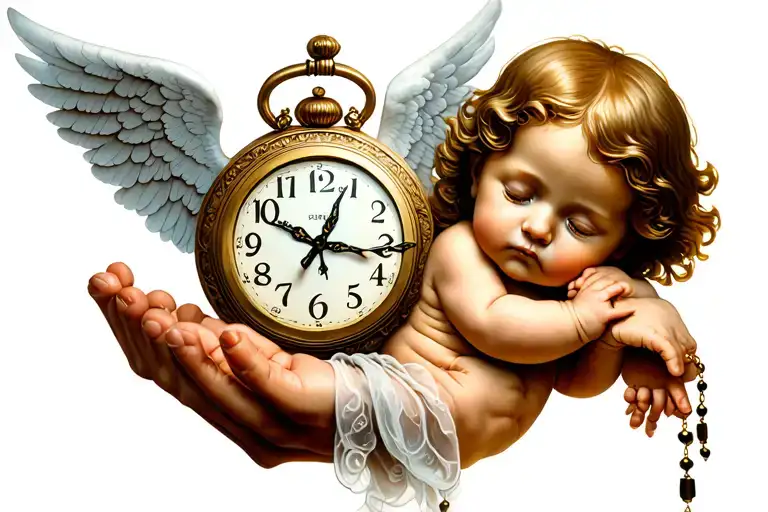  Baby Angel With Wings And A Clock Showing The Time 00:40 And A Hand Holding A Rosary Tattoo tattoo design idea