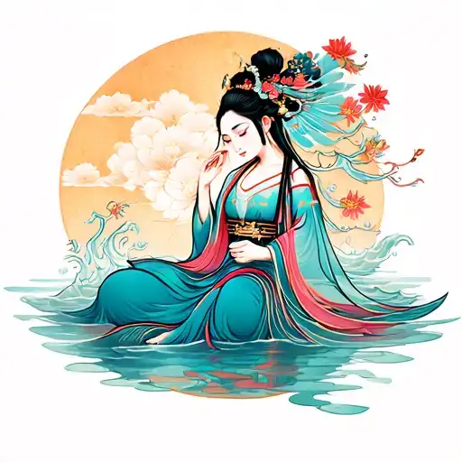Water goddess sitting tattoo design idea