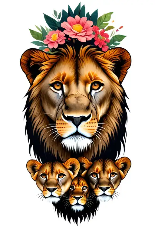 Lioness and 4 cubs face only with flowers surrounding tattoo design idea