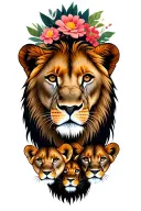 Lioness and 4 cubs face only with flowers surrounding tattoo design idea
