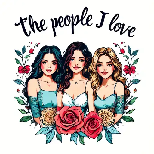 the text "the people I love" with a group of 3 girl friends tattoo design idea