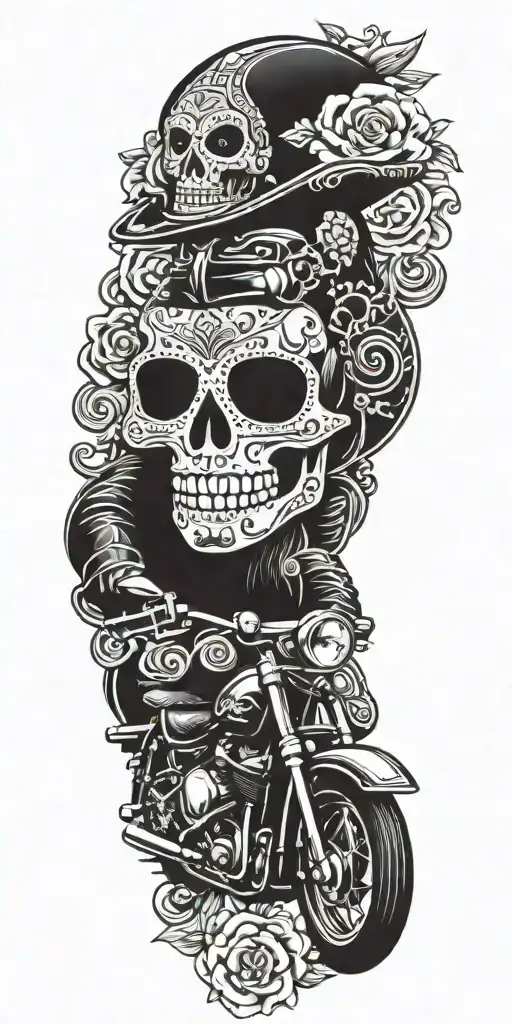 Day of the Dead themed motorcycle design with Mexican cultural elements tattoo design idea
