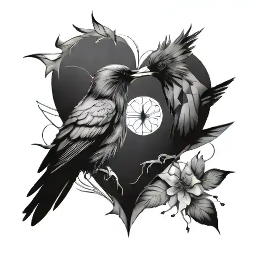 raven and hummingbird in the shape of a heart, with the raven black and grey and geometrical, hummingbird is watercolor tattoo design idea