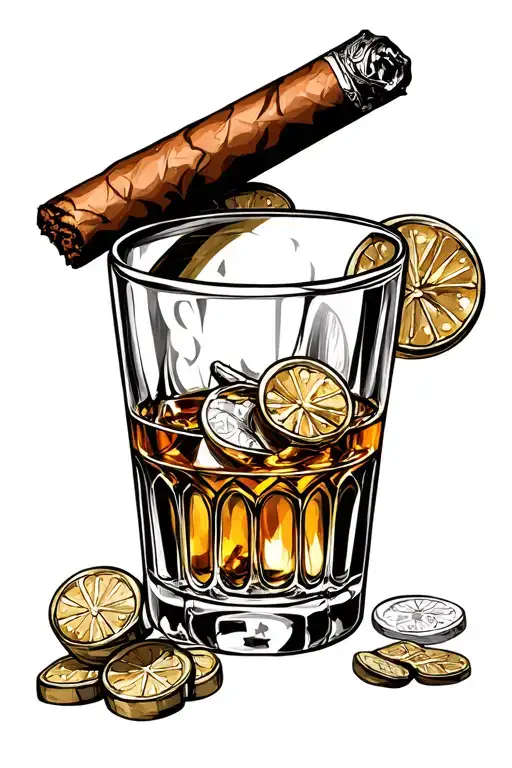 Casino with cigar and whiskey glass tattoo design idea
