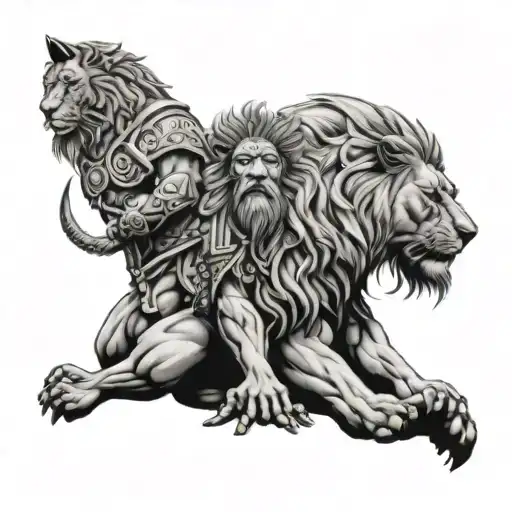 lion and warrior meditating tattoo design idea