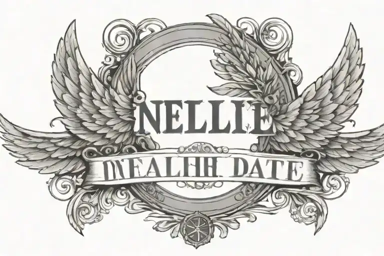 wings surrounding the word Nellie with a heaven halo above and Roman numerals spelling the death date  tattoo design idea