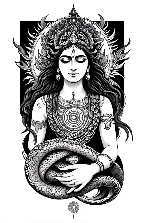 Full-arm Devi tattoo – cosmic goddess, nurturing and destructive forms, kundalini serpent wrapping the arm, chakras in s tattoo design idea