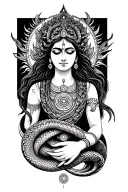 Full-arm Devi tattoo – cosmic goddess, nurturing and destructive forms, kundalini serpent wrapping the arm, chakras in s tattoo design idea