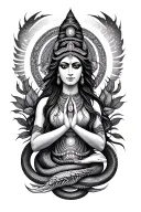 Full-arm Devi tattoo – cosmic goddess, nurturing and destructive forms, kundalini serpent wrapping the arm, chakras in s tattoo design idea