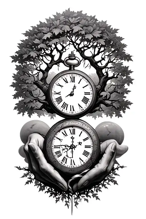Black and grey tattoo: leafless Tree of Life, stone hands clasped, broken pocket watch, Roman numerals, fading path. tattoo design idea