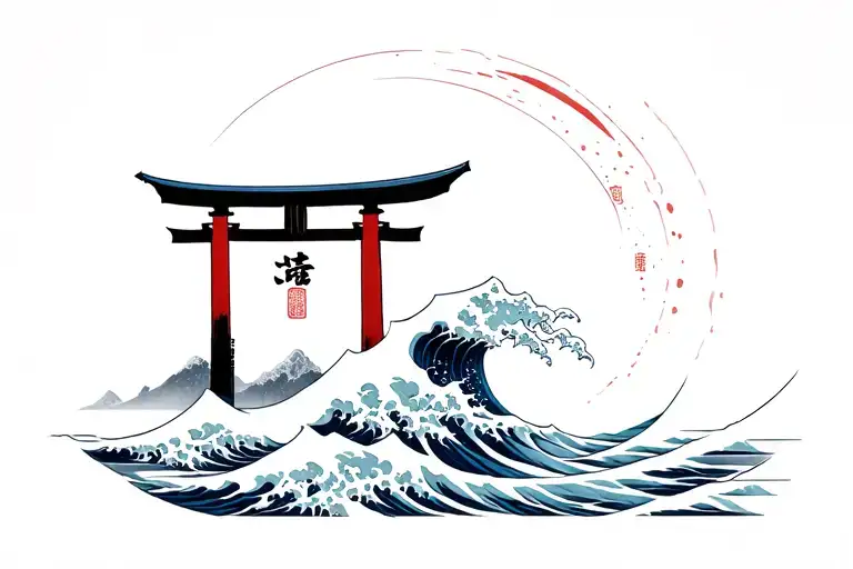 mon fuji, torii gate great wave tattoo design idea