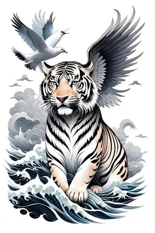 “Black & grey Japanese fusion sleeve: sumi-e tiger, archangel, birds, dove, clouds, waves.” tattoo design idea