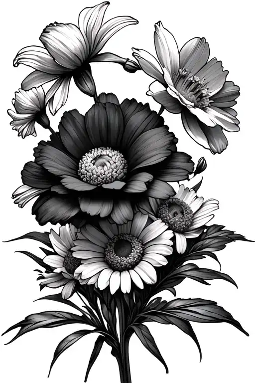 carnation daffodil and daisy bouquet tattoo design idea