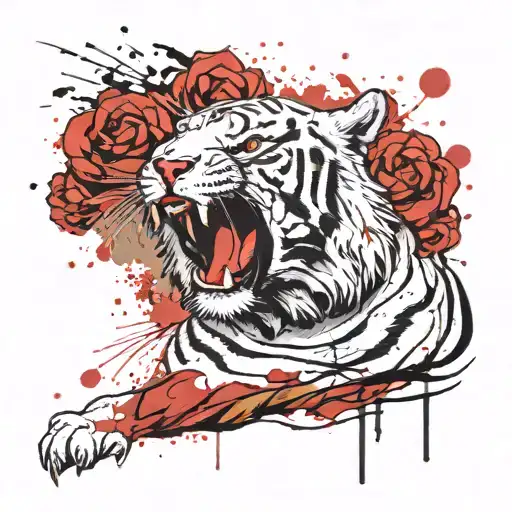white tiger roaring, chest tatto, with 2 flower background, trash polka inspired style tattoo design idea