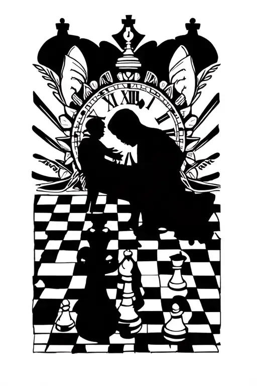 Shadow of a grandfather with a small child, with a background of a chess board with few pieces at stake, with a clock tattoo design idea