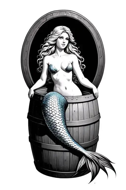 mermaid with elbows resting on a barrel  tattoo design idea