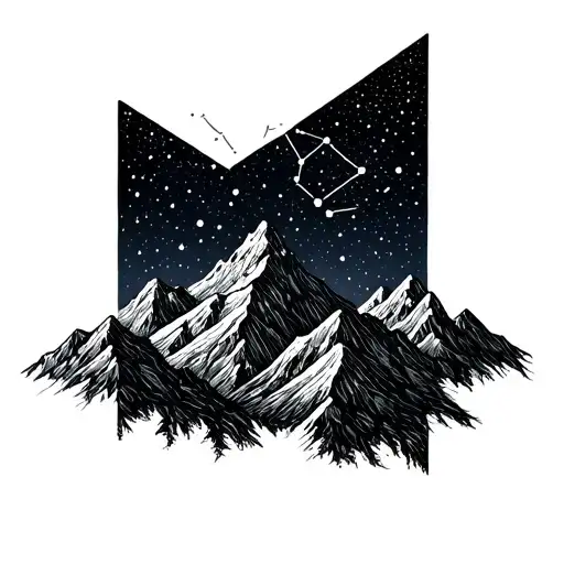 An intricate design of a mountain range with a starry night sky above, incorporating constellations tattoo design idea