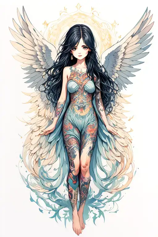 a girl with long hair and large detailed wings. She is depicted, creating a sense of fragility and peace. Around her the tattoo design idea