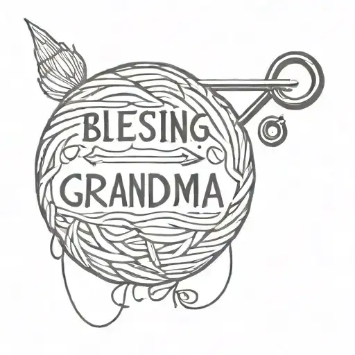 BALL OF WOOL WITH KNITTING NEEDLES WITH MESSAGE: BLESSING GRANDMA tattoo design idea