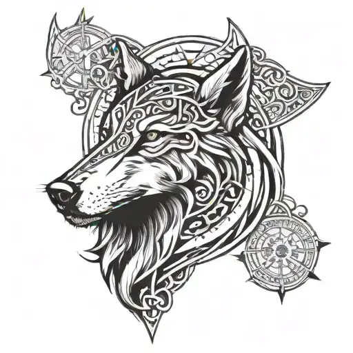 viking wolf head compass surrounded tattoo design idea