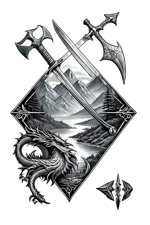 Diamond outline, mountains, rivers and forest, top half with a sword, axe, bow from lord of the rings. small dragon tattoo design idea