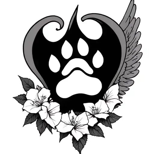 dog paw with angel wings and bougainvillea vine wrapped around it tattoo design idea