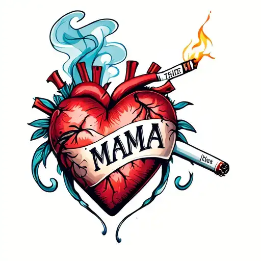 "Georg" traditional style mom heart tattoo with "MAMA" with a lit cigarette thru it and "TRIED" written in smoke tattoo design idea