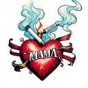 "Georg" traditional style mom heart tattoo with "MAMA" with a lit cigarette thru it and "TRIED" written in smoke tattoo design idea