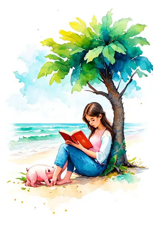 girl reading on the beach with book sitting under a plam tree with a piglet sitting beside her tattoo design idea