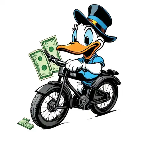 Donald duck with money and bike tattoo design idea