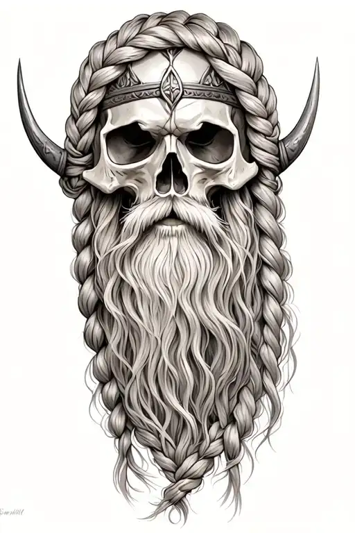 Viking skull long braid hair, beard tattoo design idea