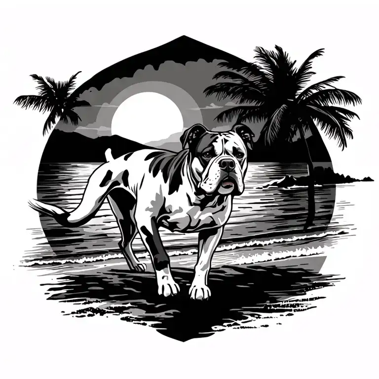 American bulldog running on the beach sunset tattoo design idea