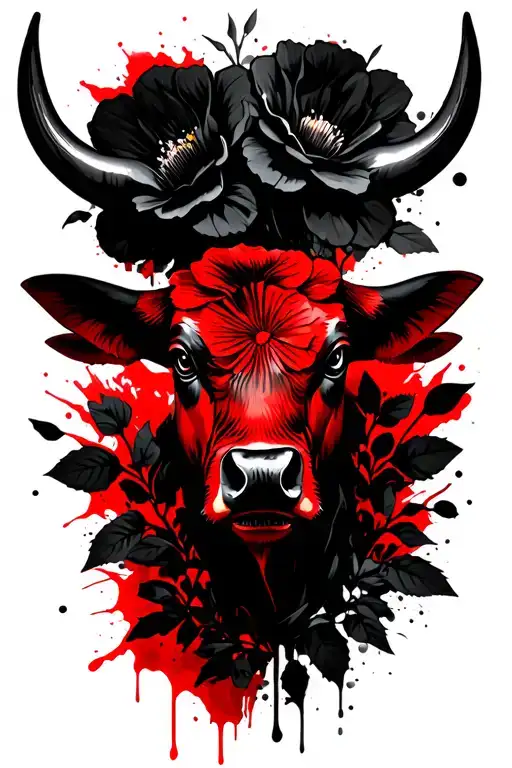 Bull head, black flowers and leaves tattoo design idea