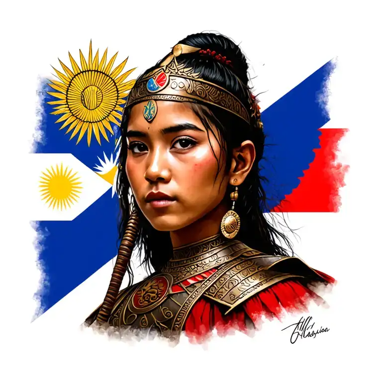 a face of a filipina warrior, Philippine flag, islands and the philippine national anthem in alibata tattoo design idea
