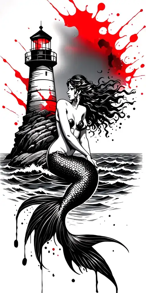  mermaid sitting on a rock and and lighthouse over looking the ocean tattoo design idea
